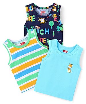Babyhug 100% Cotton Knit Sleeveless Sandos with Striped Text & Animal Print Pack of 3 - Blue Green & Navy