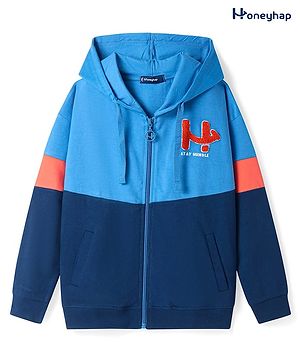 Honeyhap Premium 100% Cotton Knit Full Sleeves Hooded Sweatjacket With Bio Finish & Text Embroidery - French Blue Navy Peony & Dragon Fire