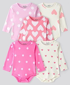 Bonfino 100% Cotton Knit Full Sleeves Hearst & Polka Dot Printed Onesies Pack of 5 -  Off White & Pink