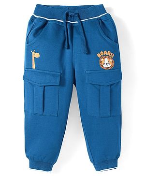 Babyhug Terry Knit Full Length Bear Printed Lounge Pant with Cargo Pockets - Navy Blue