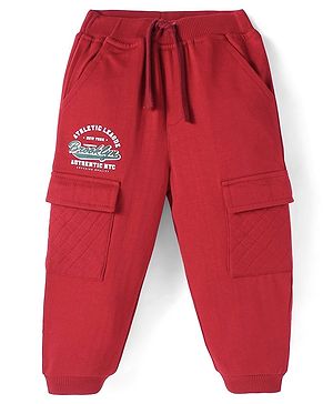 Babyhug Terry Knit Full Length Text Printed Track Pant with Cargo Pockets  - Red