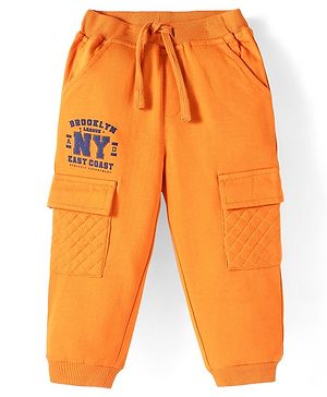 Babyhug Terry Knit Full Length Lounge Pant with Cargo Pocket & Text Print - Orange