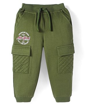 Babyhug Terry Knit Full Length Text Printed Lounge Pant - Olive Green