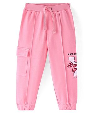 Babyhug Terry Knit Full Length Lounge Pant with Pocket & Text Print - Pink