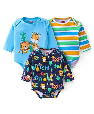 Babyhug Interlock Knit Full Sleeves Onesies With Animals Graphics Pack of 3 - Multicolour