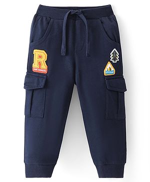 Babyhug Terry Knit Full Length Lounge Pant with Text Patch - Navy