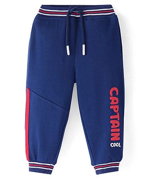 Babyhug Terry Knit Full Length Text Printed Track Pant with Tape Detailing - Navy Blue