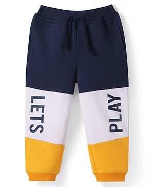 Babyhug Terry Knit Full Length Colour Block Lounge Pant with Text Print - Navy Blue Yellow & White