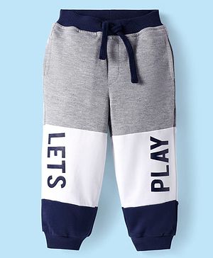 Babyhug Terry Knit Full Length Cut & Sew Lounge Pants with Text Print - Navy Blue White  Grey