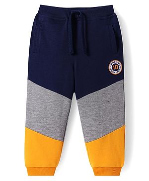 Babyhug Terry Knit Full Length Cut & Sew Pattern Lounge Pants - Navy Blue & Yellow