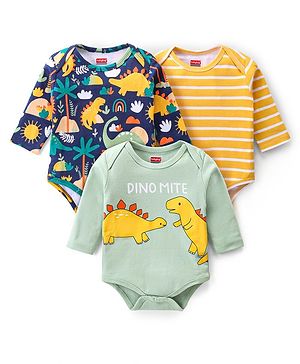 Babyhug 100% Cotton Knit Full Sleeves Onesies Striped & Dino Print  Pack of 3 - Navy & Yellow