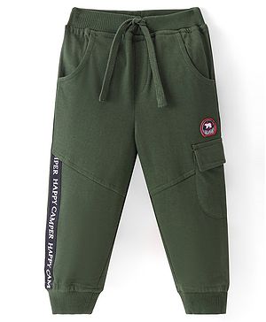 Babyhug Cotton Knit Full Length Lounge Pants With Badge Detailing - Olive Green