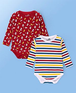 Doodle Poodle 100% Cotton Knit Full Sleeves Striped & Albhabets Printed Onesies Pack of 2 - Red & White