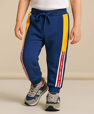 Babyhug Terry Knit Full Length Lounge Pants with Text Print Cut & Sew Design - Blue