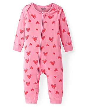 Bonfino 100% Cotton Knit Full Sleeves Sleep Suit With Hearts Print - Pink