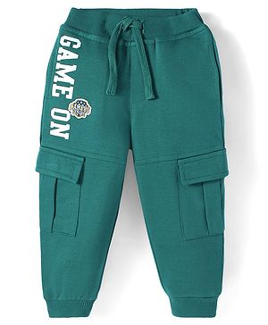 Babyhug Terry Knit Full Length Text Printed Lounge Pant - Teal Blue