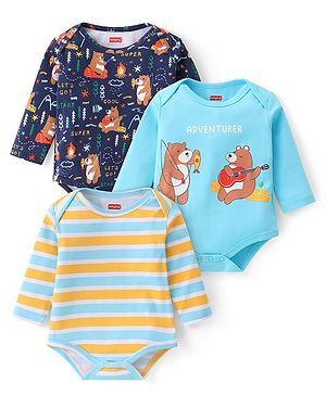 Babyhug 100% Cotton Knit Full Sleeves Onesies Bear Print Pack of 3- Multicolour