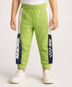 Babyhug French Terry Knit Full Length Track Pants with Race Print - Light Green
