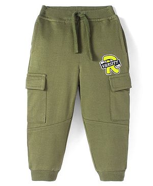 Babyhug Terry Knit Full Length Track Pant With Cargo Pockets & Badge Detail - Olive Green