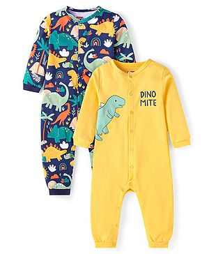 Babyhug 100% Cotton Knit Full Sleeves Front Open Rompers with Dino Print Pack of 2 - Yellow & Navy Blue