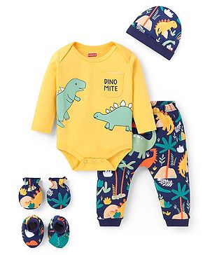 Babyhug 100% Cotton Knit Full Sleeves Dino Printed Onesies with Leggings  & Cap Pair of Mitten Booties - Yellow & Navy Blue