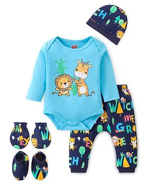 Babyhug 100% Cotton Knit Full Sleeves Onesies with Leggings  & Cap Mitten Booties Lion & Giraffe Print - Blue
