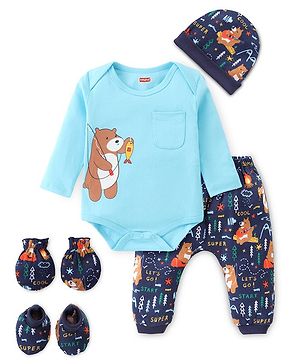 Babyhug 100% Cotton Knit Full Sleeves Onesies with Leggings & Cap Mitten Booties Bear Print - Blue