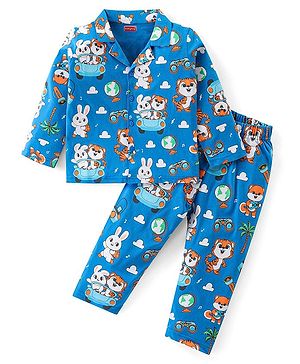 Babyhug Cotton Knit Full Sleeves Collared Night Suit With Animals Print - Blue