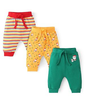 Babyhug Knit Full Length Santa Claus & Striped Diaper Pants Pack Of 3 - Multicolour