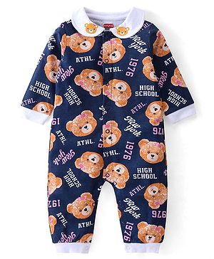 Babyhug 100% Cotton Knit Full Sleeves Collar Neck Romper with Bear Print - Navy Blue