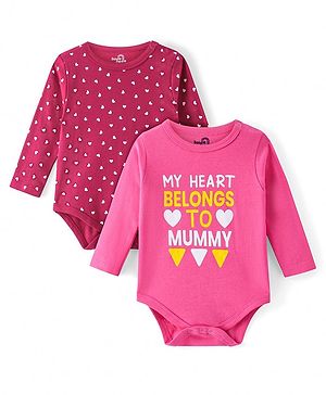 Doodle Poodle 100% Cotton Knit Full Sleeves  Onesies with Heart & Text Print Pack of 2 - Dark Pink & Maroon