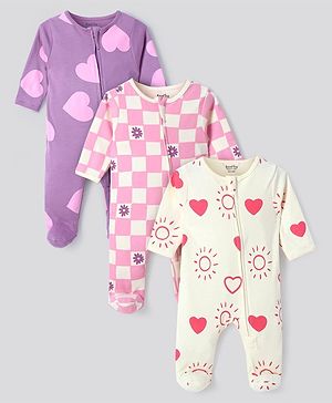 Bonfino 100% Cotton Knit Full Sleeves Heart Printed Sleepsuits Pack of 3 - Pink & Off White