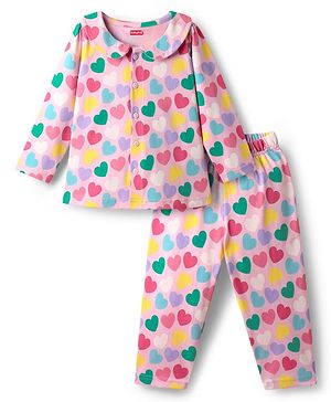 Babyhug Cotton Knit Full Sleeves Front Open Peter Pan Collar Neck Night Suit with Hearts Print - Pink