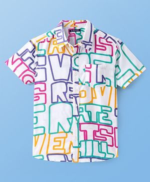 Pine Kids Viscose Woven Half Sleeves Text Printed Shirt - Multicolor