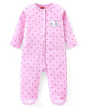 Babyhug Cotton Knit Full Sleeves Footed Sleep Suit with Polka Dots & Cat Print - Pink