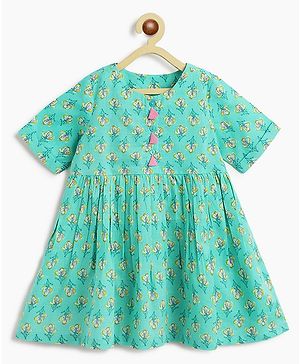 Campana 100% Cotton Half Sleeves Floral Printed Ethnic Dress - Sea Green & Pink