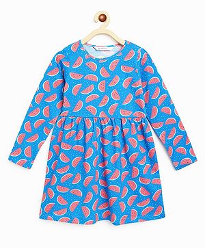 Campana 100% Cotton Jersey Full Sleeves Watermelons Printed Dress - Blue & Pink