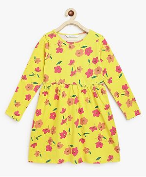 Campana 100% Cotton Jersey Full Sleeves Floral Printed Dress - Yellow & Pink