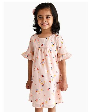 Campana 100% Cotton Half Sleeves Floral Printed Dress - Baby Pink