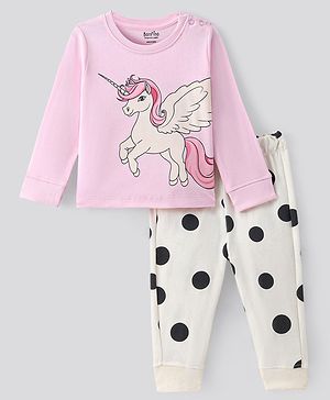 Bonfino 100% Cotton Knit Full Sleeves Night Suit With Unicorn & Polka Dots Print - Light Pink