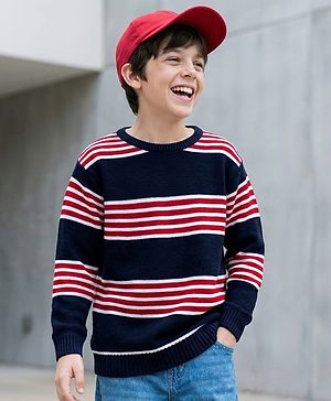 Pine Kids Full Sleeves Striped Pullover Sweater - Navy White & Red