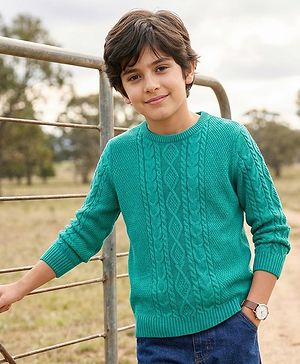 Pine Kids Knitted Full Sleeves Pullover Sweater with Cable Knit Design - Sea Green