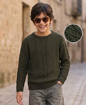 Pine Kids Full Sleeves Cable Knit Pullover - Olive Green