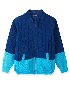 Pine Kids Full Sleeves Front Open   Sweater With Cable Knit Design & Pockets Detailing - Blue