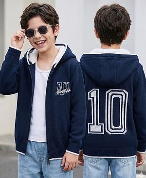 Pine kids Knitted Full Sleeves Hooded Front Open Sweater with Text Embroidery - Navy Blue
