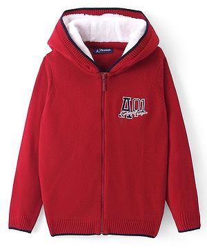 Pine Kids Knit Full Sleeves Front Open Hooded Sweater with Text Design - Red