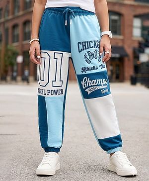 Pine Kids Cotton Knit Full Length Lounge Pant With Text Print - Blue & White