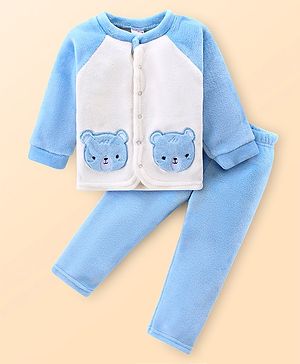 Babyhug Velour Knit Raglan Sleeves Front Open Winter Night Suit With Teddy Appliques - Blue & White