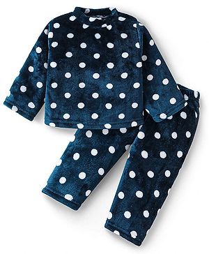 Babyhug Velour Knit Full Sleeves Winter Wear Night Suit With Polka Dots Print - Navy Blue