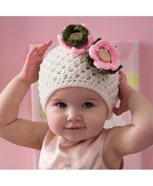 Love Crochet Art Floral Designed Crochet Cap - White